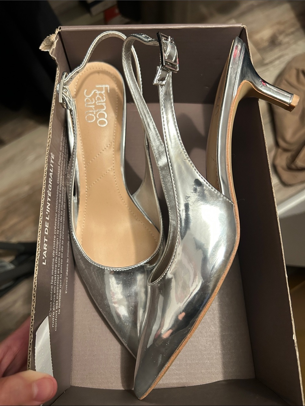 Franco Sarto Metallic Silver Slingback Pointed Toe Kitten Heel